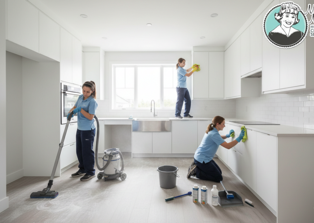 Post-renovation deep cleaning house cleaning services Surrey team removing construction dust from a newly renovated modern kitchen interior.