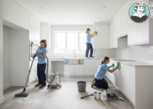 Post-renovation deep cleaning house cleaning services Surrey team removing construction dust from a newly renovated modern kitchen interior.
