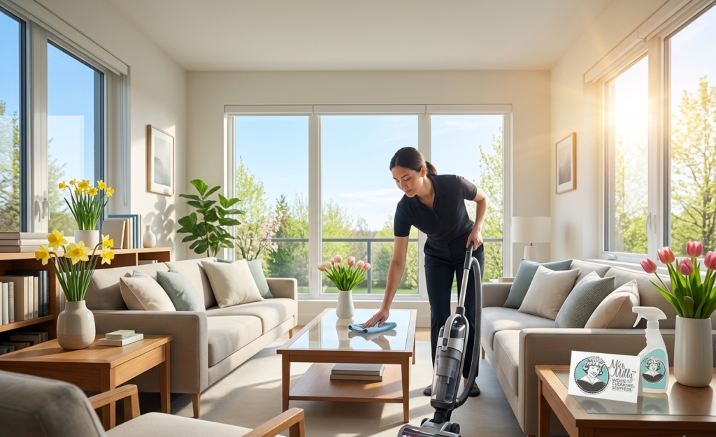 Home cleaning services Surrey spring cleaning checklist in a bright living room