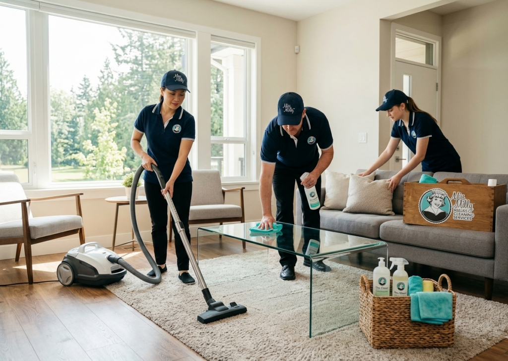 House cleaning services Surrey team cleaning a modern living room.