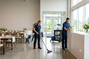 Commercial cleaning Surrey team preparing a party venue for guests.