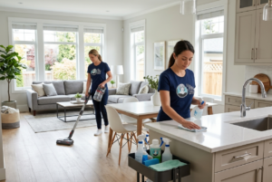 Professional cleaning workers providing house cleaning services in Surrey with branded uniforms