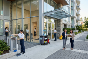 Commercial Cleaning Coquitlam team cleaning a modern strata condo building.